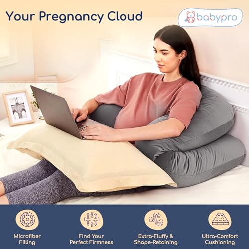 Image of BabyPro U-Shaped Pregnancy Pillow with Silky Cooling Velvet Cover, Grey | Full Body Pillow for Back Pain, Head, Belly, Hips & Knees, Soft Cushion
