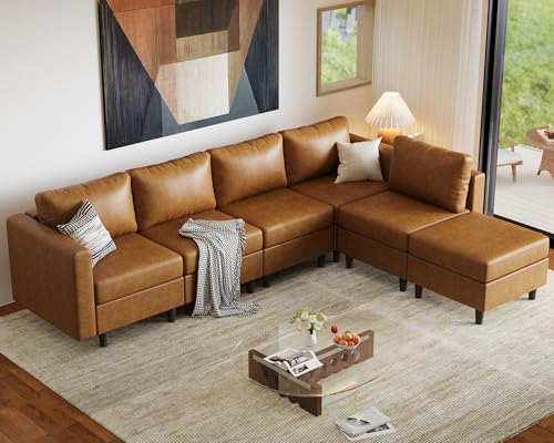 Image of ABCASA Faux Leather Sectional, Modular Sectional Sofa with Storage Seats, 6 Seat Faux Leather Modular L Shaped Couches with Movable Ottoman for Living Room,Brown