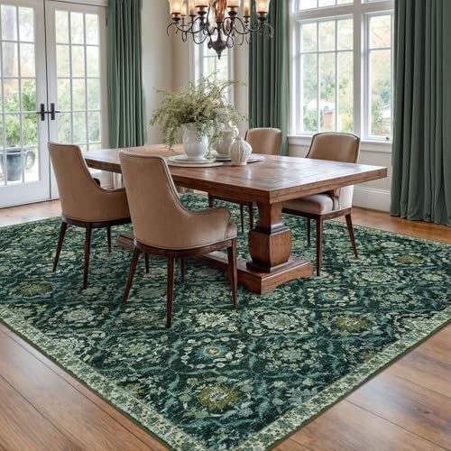 KILOCOCO 8x10 Area Rug, Moroccan Super Soft Washable Living Room Vintage Floral Rug, Non-Slip Large Print Faux Wool Throw Indoor Rug for Playroom Bedroom Office Carpet, Dark Green