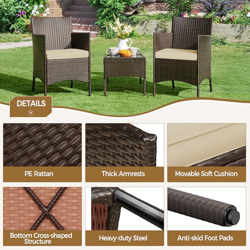 Yaheetech Balkonmöbel Set, Gartenmöbel-Set 3 TLG. inkl. 2 Stühle mit Sitzkissen & Tisch, Terrassenmöbelset Gartensitzgruppe Lounge Set aus PE-Polyrattan für Balkon Terrasse, Braun-Khaki 5