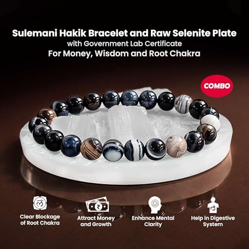 Image of SOLAVA Sulemani Hakik Bracelet Original Certified with Selenite Plate | Natural Sulemani Hakik Stone Crystal Bracelet for Men & Women | Protection, Grounding & Energy Cleansing