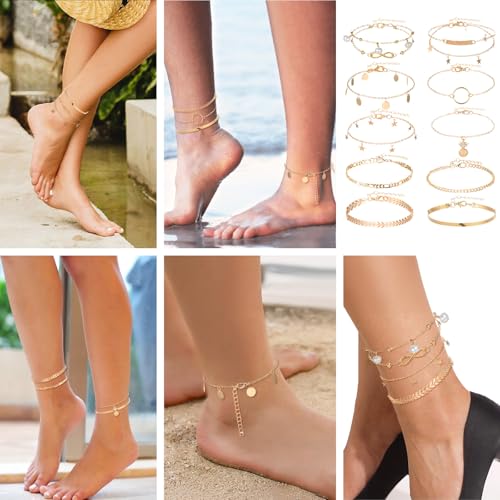 Image of 12pcs Gold /Silver Ankle Bracelets for Women Layered Waterproof 14k Cuban Link Chain Anklets Set Adjustable Dainty Summer Beach Gold Accessories Boho Bracelet Jewelry