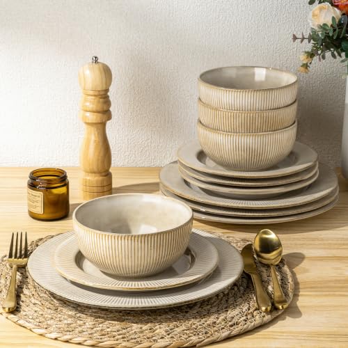 Image of GBHOME Ceramic Dinnerware Sets,12 pcs Embossed Elegant Stoneware Plates and Bowls Sets, Housewarming Wedding Gift | Dishwasher & Microwave Safe | Dishes Set Service for 4