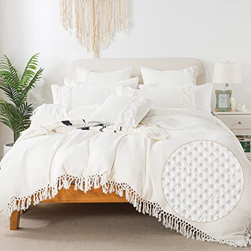 FADFAY Boho Duvet Cover Set Queen 100% Cotton Waffle Weave Knit Reversible Washed Cotton White Duvet...