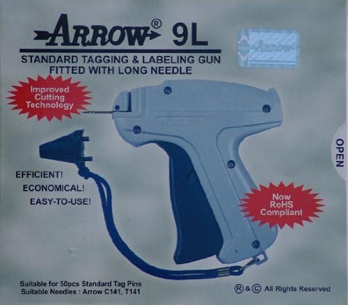 Arrow 9L LONG NECK NEEDLE Tag Gun + 1 Extra Needle + 1000 (Size 50mm) (2") Barbs (Fasteners) Price Label Clothing Tagging Attacher with Steel Needle Combo