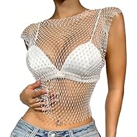 CATOR Top Corti con Strass Trasparenti per Donna, Canottiere Glitterate Bianco in Rete con Strass, Crop Top con Diamanti Lucidi per Feste e Abbigliamento da Club