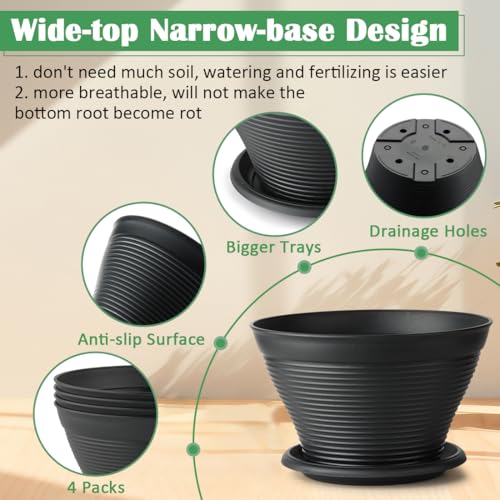 RooTrimmer 4 Pack 12 Inch Plant Pots with Saucers, Plastic Flower Pots with Drainage Holes, Large Planters for Indoor Outdoor Garden, House Plants, Flowers, Herbs, Gardening Gifts, Black by RooTrimmer - Image 4
