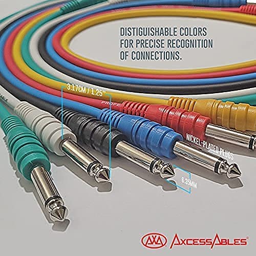 Miniatura 6 de AxcessAbles - Cables de conexión TS a 14 (0.250 in) TS a 14 (0.250 in) TS desequilibrados mono multicolor, paquete de 6 cables externos para