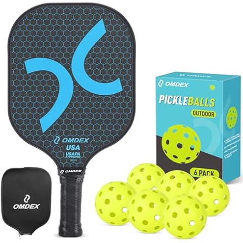 OMDEX Carbon Fiber Pickleball Paddle USAPA Approved, Lightweight Pickleball Racket & Outdoor Pickleball Balls 6-Pack, Premium & Durable Pickle Balls, Pickleball Accessories Cover