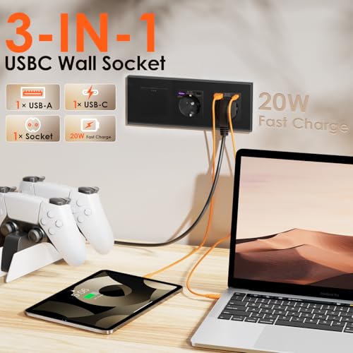 BSEED Lichtschalter mit Steckdose, Doppel Schuko Unterputz Steckdose mit USB C 20W Schnellladegerät USB Type C, 1 Fach 1 Weg Taste Schalter mit Glas Rahmen Geeignet für Phone, Pad-Schwarz