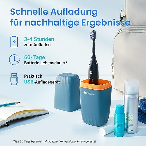Etekcity Elektrische Schallzahnbürste, Deep Clean Modi, 6 Bürstenköpfe, schnelle Aufladung für 60 Tage&40000 VPM, Erwachsene und Kinder, 2 Min Smart Timer, 5 Modi & Reiseetui, Schwarz – Bild 8