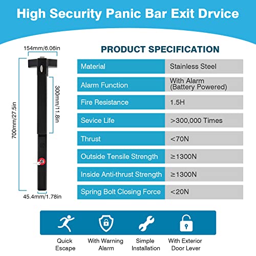 Ironwalls Alarm Panic Bars For Exit Doors 27.5”, Commercial Door Push Bar Panic Exit Device With Alarm, Exterior Door Lever, Stainless Steel Emergency Exit Door Push Bar For 27.5”-41” Doors #TOP1