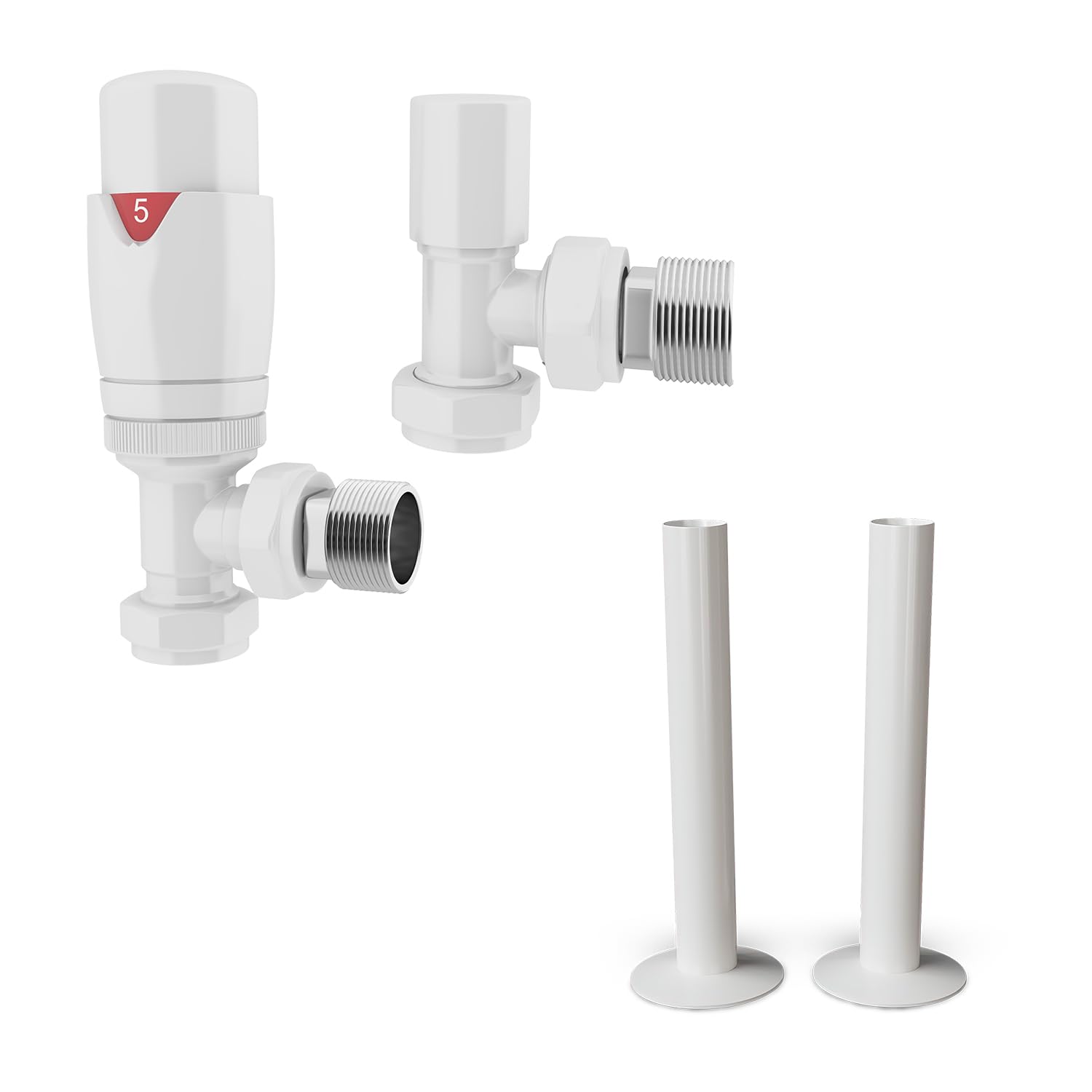 UK Radiators Thermostatic Radiator Valve + 130mm Pipe Sleeves - Energy Saving 1/2" x 15mm Brass Angled Valve - Matching White Colour