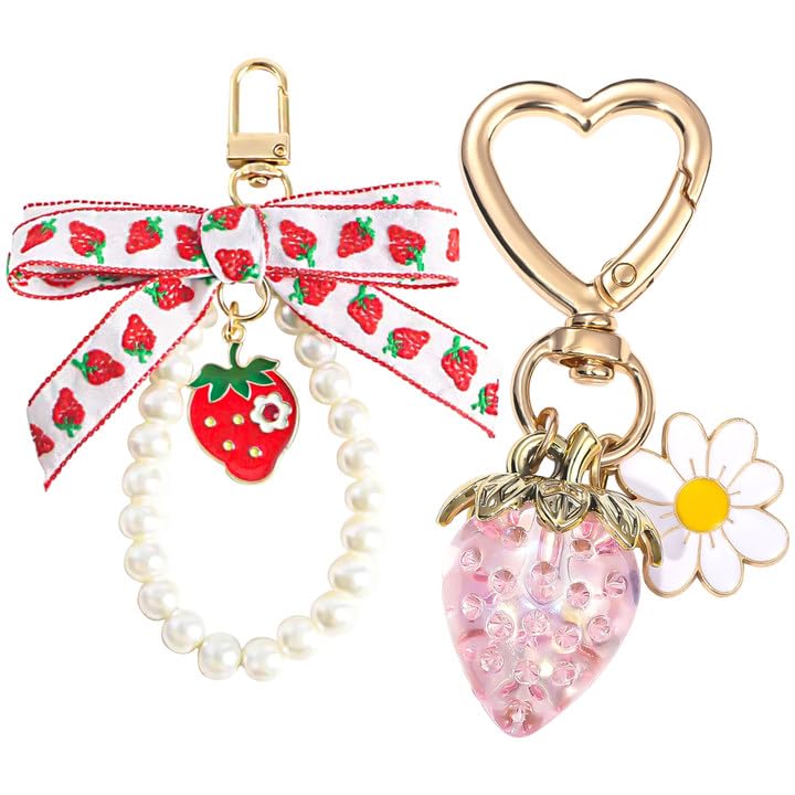 SunixSonie 2Pcs Strawberry Keychain Charm Cute Strawberry Bag Purse Charms Heart Flower Daisy Keychain Pearl Bow Kawaii Car Keychains Strawberry Accessories for Women Girls Gift(Pink)