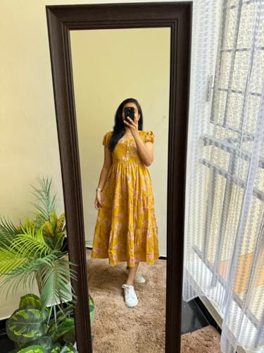 Image of Women's Cotton Blend Maxi Midi Dress Western Dress for Women Elegant Floral Printed Long Dresses