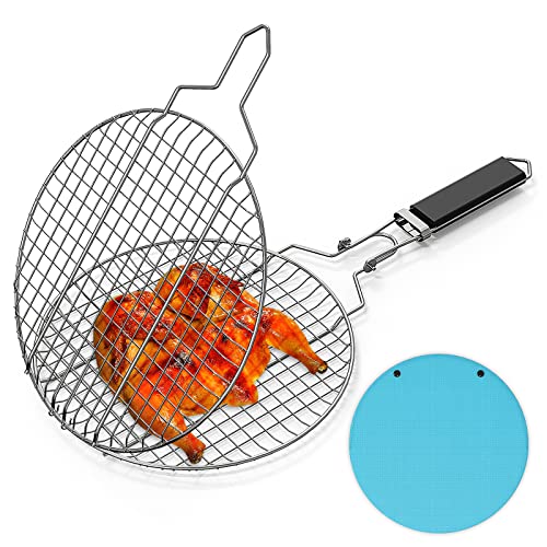 Linkidea Cesta redonda portátil para barbacoa, cesta de acero inoxidable con mango de bloqueo seguro extraíble, accesorios para parrilla al aire libre, verduras, pescado, camarones Cover