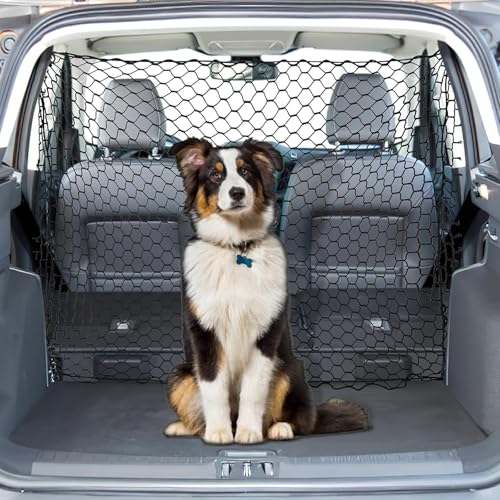 SHYSBV Net Dog Guard for Car Boot 120cmx70cm Dog Car Barrier Net Pet Car Divider for Dogs with 4 Hooks and Adjustable Straps Universal Back Seat Barrier Mesh for Trucks SUV Full Sized Sedans