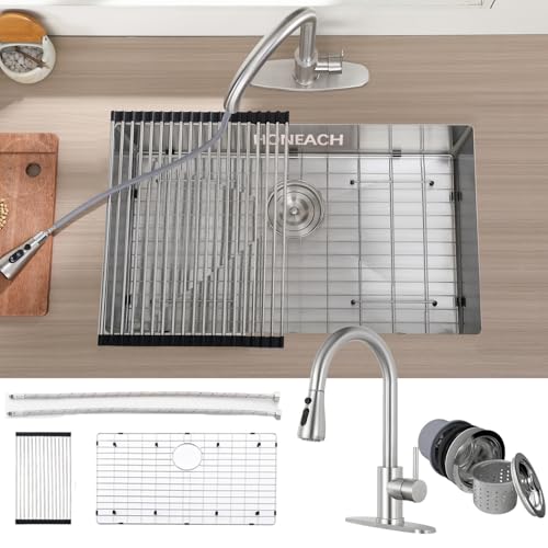 Image of 16 Gauge Stainless Steel Kitchen Sink Single Bowl Sink with Kitchen Faucet, Roll Up Rack and Bottom Dish Grip Support Top or Under Mount Install Sink for Kitchen (30 inchx18 inch)
