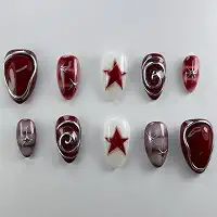 Unhas postiças curtas de amêndoa média Y2K Star com design de linhas prateadas, cobertura completa, bastão falso artificial em unha de acrílico para mulheres, uso diário, 24 peças