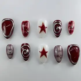 Unhas postiças curtas de amêndoa média Y2K Star com design de linhas prateadas, cobertura completa, bastão falso artificial em unha de acrílico para mulheres, uso diário, 24 peças