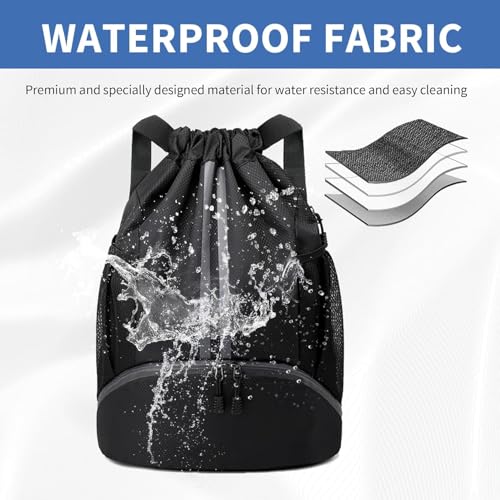 Image of Drawstring Gym Bag for Men, Waterproof Drawstring Backpack for Women, Swim Bag with Shoes Compartment, Pull String Sport Bag for Soccer and Basketball Black.