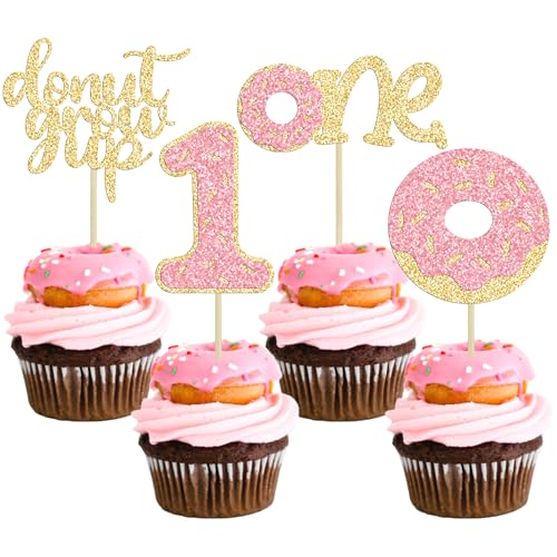 Ephlyn 24Pcs Donut First Birthday Cupcake Toppers Glitter 1st Birthday Party Cake Topper Decorations for Sweet One Theme Birthday Party Baby Shower Supplies