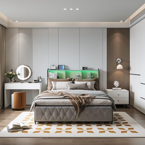 Cama doble acolchada de 180 x 200 cm, cama de 180 x 200 con somier con arcón, cama capitoné con mesita de noche LED y USB, camas con arcón con 4 cajones, fácil de montar, terciopelo, sin colchón