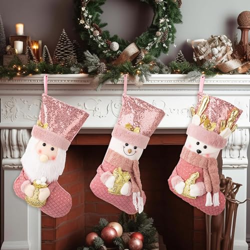 3 PCS Plush Christmas Stockings Santa Snowman Reindeer for Hanging Decor - image 5