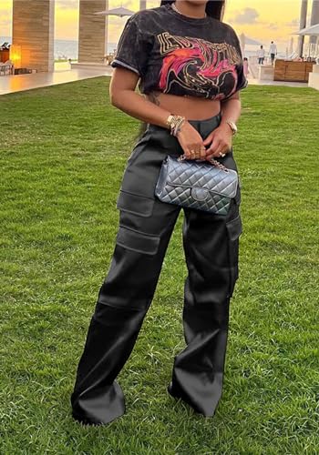 NRTHYE Women High Waisted Satin Cargo Pants Wide Leg Casual Pants Multi Pockets Straight Trousers2