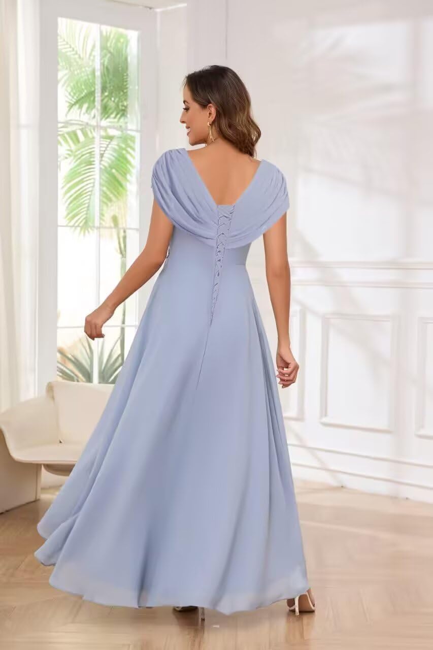 Women's V Neck Mother of The Bride Dresses Cap Sleeves Chiffon Pleated Mother Groom Dresses DK007 - Image 3
