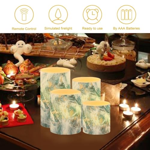 Image of Flameless LED Battery Candles Pack of 4 Waterproof Pillar Candles Tealights with 18-Key Timer Remote Colorful Lights for Indoor Outdoor Home Outdoor Wedding Decor, Blue Gold Marble