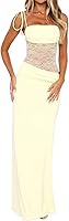 LingtChic Women's Lace Splicing Cutout Maxi Dress - Square Neck Sleeveless Bodycon Sheer Corset Long Gown