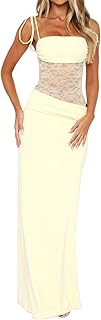 Women's Lace Splicing Cutout Maxi Dress Square Neck Sleeveless Bodycon Long Dress with Sheer Corset