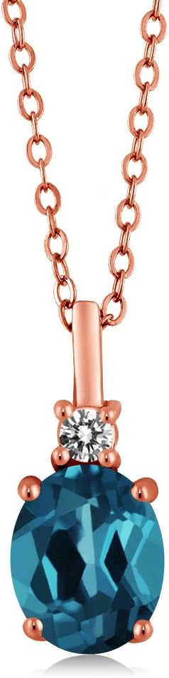 Gem Stone King 18K Rose Gold Plated Silver London Blue Topaz & Diamond Pendant Necklace For Women | 1.87 Cttw | Gemstone Birthstone | Oval 9X7MM | With 18 Inch Chain