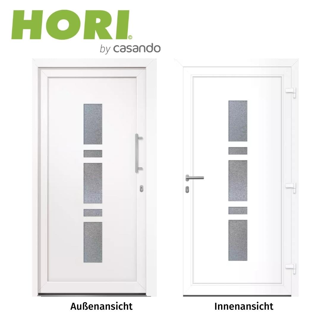 HORI Eingangstür Kunststoff Komplettset - Chain – Moderne Hauseingangstür mit Stahlverstärkung, Wärmeschutz & 5-fach-Verriegelung - Farbe: Weiß - DIN rechts - Modell: - 2100 x 1000 cm