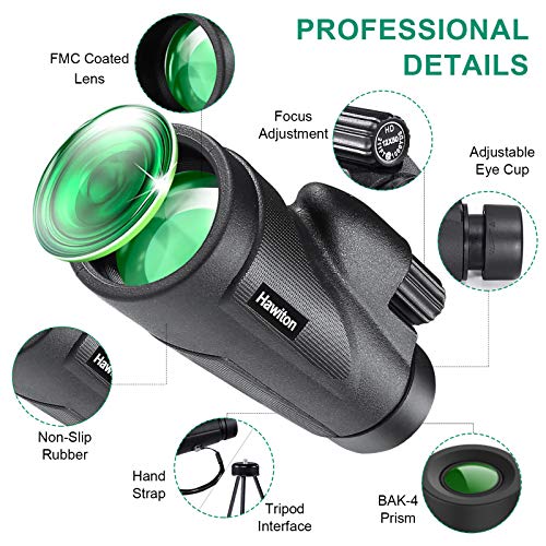 Hawiton Monocular Telescope High Power with Smartphone Holder & Tripod- 12X50 HD FMC Lens & BAK4 Prism Dual Focus Optics Zoom, Low-Light Night Vision Waterproof Monocular Binoculars for Bird Watching - Thumbnail 2