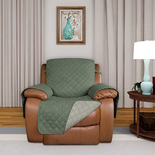 Image of PureFit Reversible Quilted Sofa Cover, Water Resistant Slipcover Furniture Protector, Washable Couch Cover with Non Slip and Elastic Straps for Kids, Dogs (Oversized Recliner, Greyish Green /Beige)