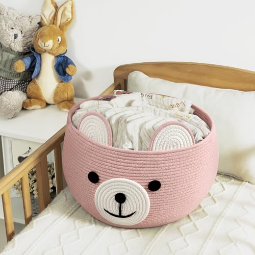 Image of CherryNow Baby Basket for Nursery, Bear Gift Baskets for Girls, Baby Shower Basket with Handles, Large Diaper Caddy Organizer, Bright Pink, 15.7 inchD x 10.5 inchH