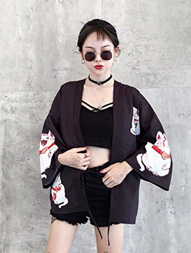 LAI MENG FIVE CATS Women's Lucky Cat Cardigan Kimono Loose Cover up Casual Blouse Cute Tops4