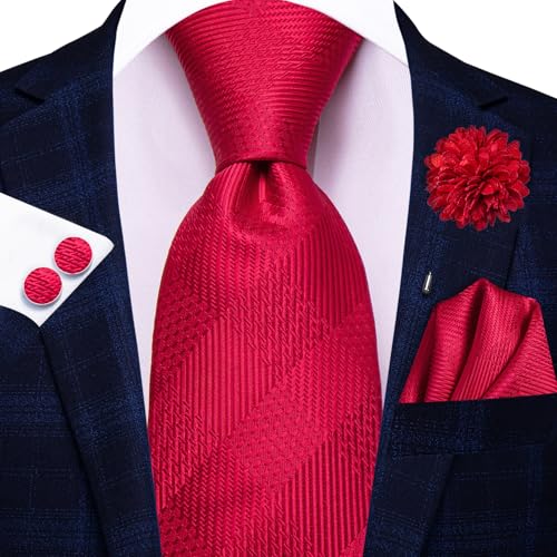 Image of Hi-Tie Mens Red Solid Neckties Classic Silk Formal Tie Lapel Pin Pocket Square Cufflinks Sets Formal Business Wedding