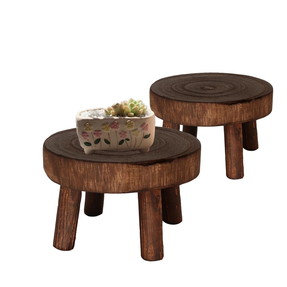 Oriental riverkit Wood Plant Stand 2Pcs, Mini Wooden Stool Display Stand, Boho Bonsai Holder, Decorative Wooden Flower Pot Holder for Garden, Living Room, Balcony or Office, Dark Brown (Medium)