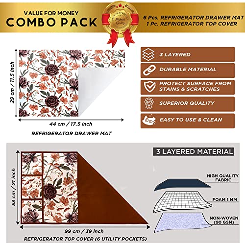 Image of Combo Set of 1 Pc Fridge Top Cover and 6 Pc Fridge Mats (Brown, Set of 7)