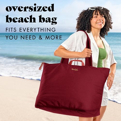 Image of Fit & Fresh XL Beach Tote Bag for Women - XL Travel Tote with Zipper & Pockets, Oversized Canvas Pool Bag, Weekender Carry-On