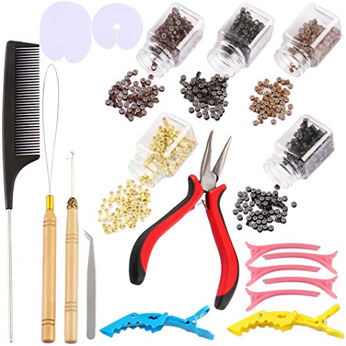 Hair Extensions Kit Curved Nose Pliers Pulling Hook Loop Bead Device Tools Tweezers Comb Alligator Clip Single Hole Templates 1500 Pcs Micro Rings Beads (Black, Blonde, Brown,Dark Brown,Light Brown)