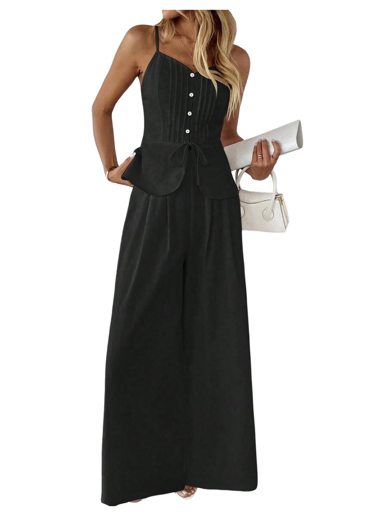Women's 2 Piece Summer Outfit Button Down Peplum Cami Top and Wide Leg Pants Set-image-15