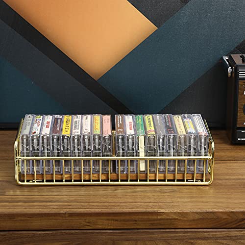 Mygift Retro Cassette Tape Storage Rack With Brass Tone Metal Wire Frame And Rustic Burnt Wood Base #TOP2
