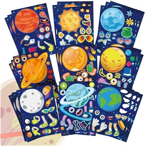 27 Sheets Space Stickers Make Your Own Planet Stickers Games,Easy to Peel and Stick,Make a face Outer Space Stickers for Kids,9 Planets Solar System Birthday Party Favor Stickers for Kids Cover
