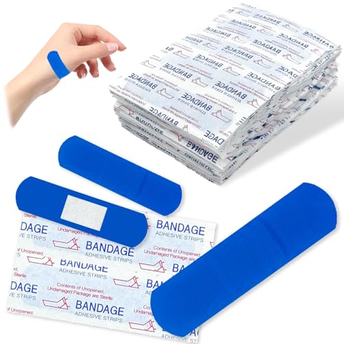200 Pcs Blue Metal Detectable Fabric Bandages Waterproof Adhesive Bulk Sterile Pads Latex-Free for First Aid & Wound Care Rectangle