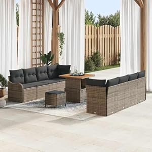 11er Set Gartensofas aus Polyrattan in grau, modulares Sofa mit Kissen und Massiv Akazienholz, verstellbare Kaffeetischplatte, Stahlfüße, modern