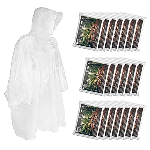 Rain Poncho, Disposable Rain Ponchos for Adults with Drawstring Hood, Waterproof Plastic, Reusable, Clear (20 Pack)